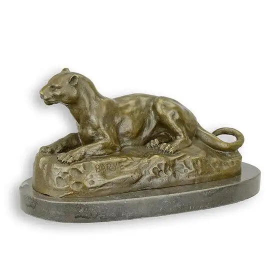 Bronze Skulptur auf Marmor Block Löwin liegend H 12,8 L 12,6 NLBR-118 3 0