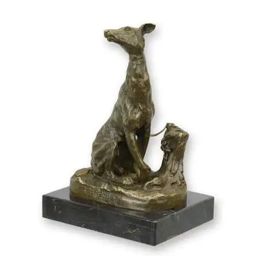 Bronze Skulptur auf Marmor Block Windhund sitzend H 18 L 9,6 NLFA-64