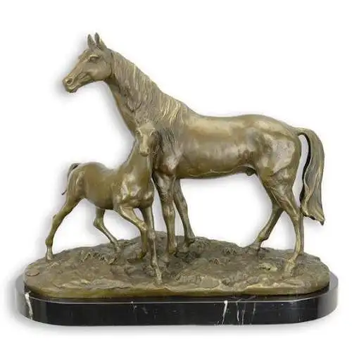 Bronze Skulptur auf Marmor Block Pferd und Fohlen H 34 L 41 NLKF-12