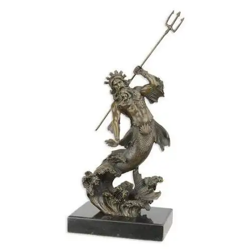 Bronze Skulptur auf Marmor Block Gott Neptun Poseidon H 30 L 12,1 NLYY-112