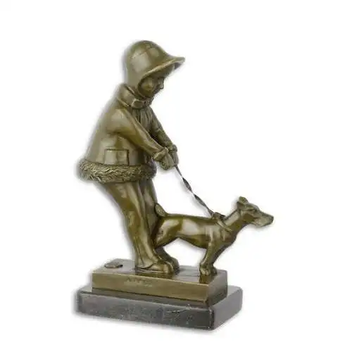Bronze Skulptur auf Marmor Block Kleines Mädchen mit Hund H 21,3 L 8 NLBE-63