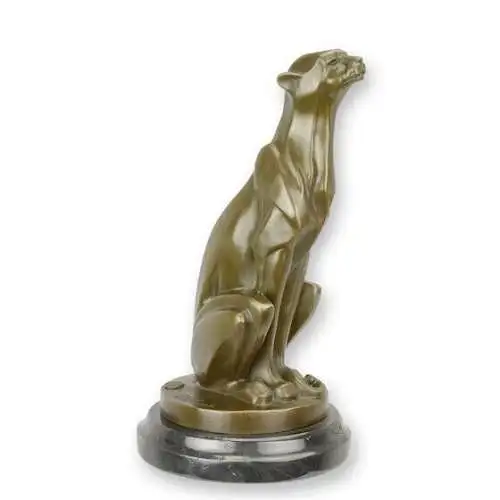 Bronze Skulptur auf Marmor Block Sitzender Gepard H 29,7 L 15,8 NLBJ-2