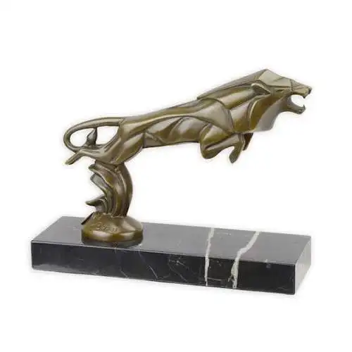 Bronze Skulptur auf Marmor Block Löwe springend Kühlerfigu H 16,9 L 6,9 NLBJ-73