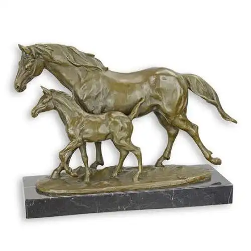 Bronze Skulptur auf Marmor Block Pferd und Fohlen H 23,9 L 12,1 NLXT-68