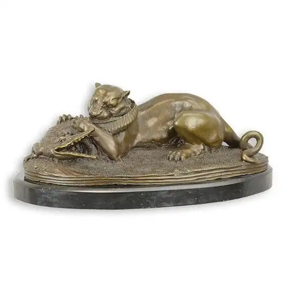 Bronze Skulptur auf Marmor Block Tiger frisst Gavial H 18 NLYY-32 0
