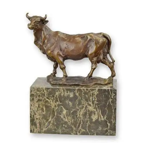 Bronze Skulptur auf Marmor Block Stier H 17,5 L 14,5 NLYY-61