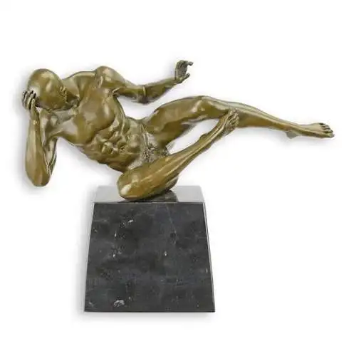 Bronze Skulptur auf Marmor Block Mann Akt H 22,5 L 12,8 NLBX-38