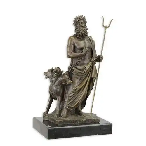 Bronze Skulptur auf Marmor Block Gott Hades und Zerberus H 29,2 L 12 NLYY-113