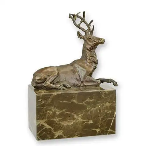 Bronze Skulptur auf Marmor Block Hirsch H 18,5 L 14,5 NLYY-65