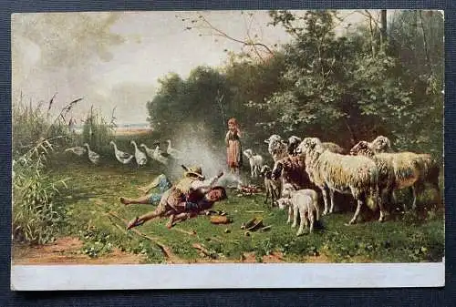 Malerei Hirtenleben O.Gebler Schäfer Schafe Kinder Kleid Tracht Gänse 400398 TH