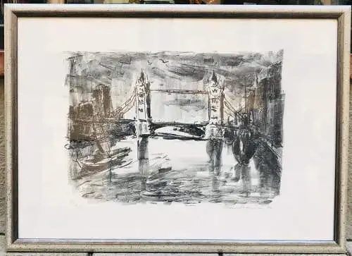 Hans Fronius Lithographie mit Holzrahmen Tower Bridge London 82 x 60     400371