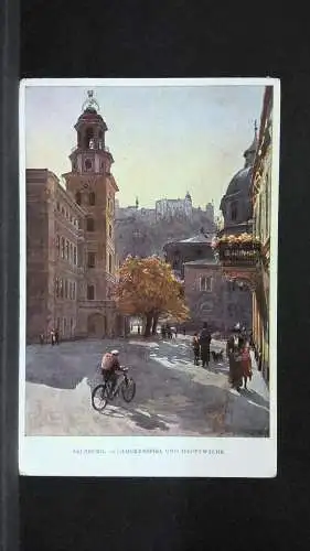 Salzburg Glockenspiel und Hauptwache Radfahrer Zeichnung Künstlerkarte JW165745