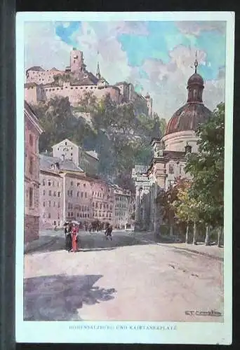 Salzburg Hohensalzburg und Kajetanerplatz Zeichnung Künstlerkarte JW165740