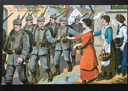 In der Heimat - Frauen verteilen Blumen - Soldaten Militär Krieg 400635 TH
