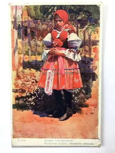 Slovakisches Mädchen (R.Bem) - Trachten Blumenstrauß  -  Künstlerkarte 110082 TH