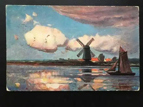 Küste mit Windmühle - Segelschiff - Strand Wolken - Künstlerkarte 908 TH