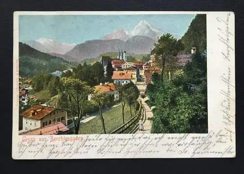 Gruss aus Berchtesgaden Blick auf Ort Kirche Alpen Bayern Deutschland 400848 TH