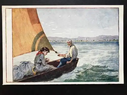 Mann & Frau mit Säugling im Segelboot (O. Hermann-Lamb) Meer Küste 270006 TH