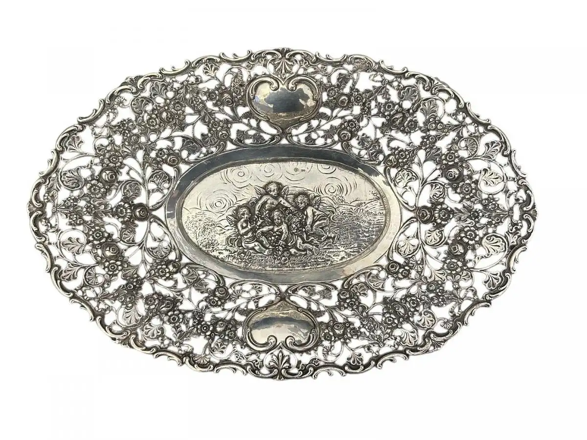 800 Silber Schale Relief Durchbruch Putte Engel Halbmond Krone 324 g 29x19 cm X9 0