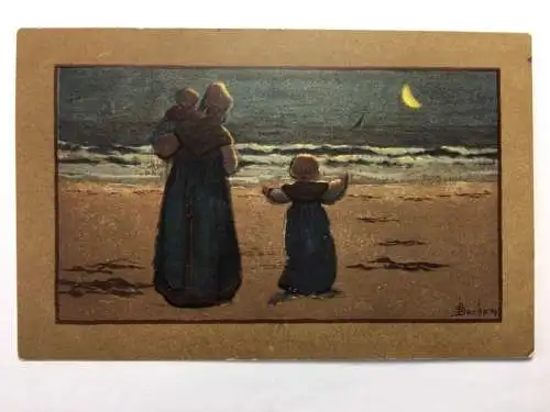 Frau mit Kinder am Strand bei Halbmond (S. Barham) - Künstlerkarte 30166 TH