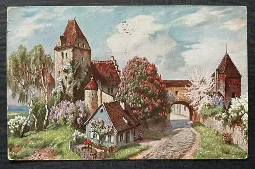 Stadt Ortschaft Stempel Linz Schloss Tor Gebäude Turm Baum Malerei OÖ 400399 TH