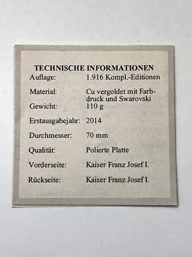 Kaiser Franz Josef Cu vergoldet mit 2 Swarowski Steinen Medaille PP R0020