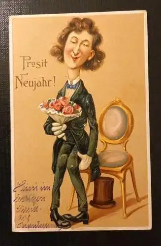 Prosit Neujahr Mann Im Anzug Und Brautstrauß Prägekarte Gr1 5566 J