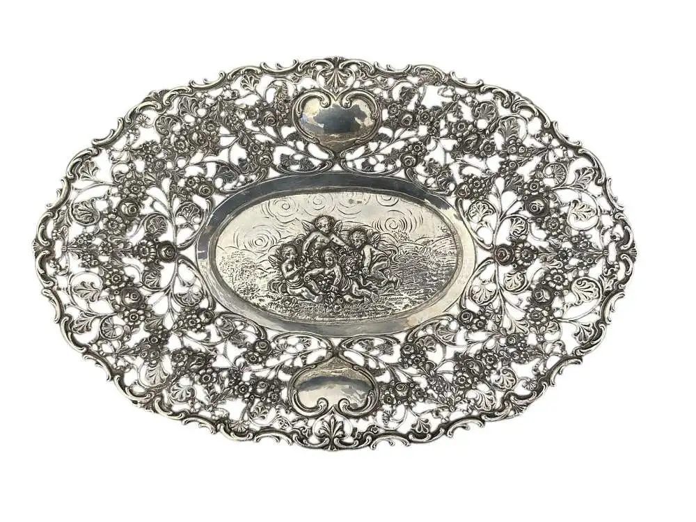 800 Silber Schale Relief Durchbruch Putte Engel Halbmond Krone 324 g 29x19 cm X9 0