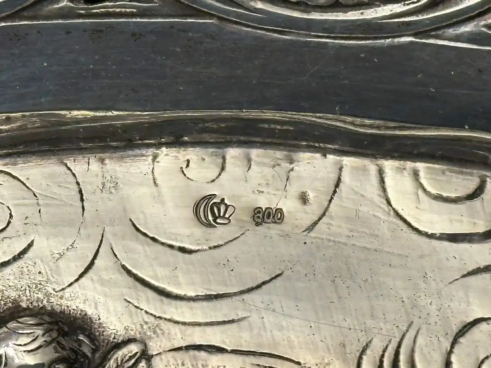 800 Silber Schale Relief Durchbruch Putte Engel Halbmond Krone 324 g 29x19 cm X9 2