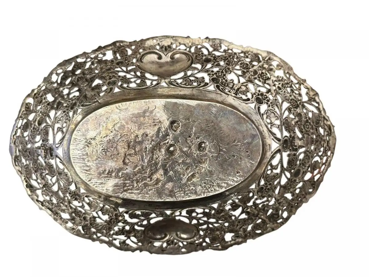 800 Silber Schale Relief Durchbruch Putte Engel Halbmond Krone 324 g 29x19 cm X9 3