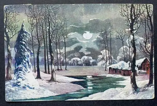 Winter Landschaft Schnee Fluss Eis Baum Haus Mond Nacht Malerei 400338 TH F