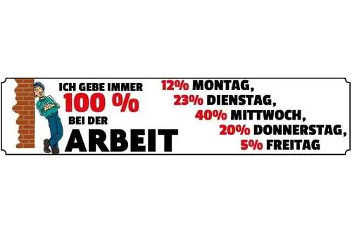 Schild 100% arbeit job angestellter freizeit woche hobby 46 x 10 blech od. holz