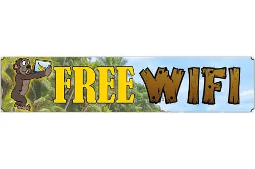Schild Free WiFi Gratis WLAN Internet Surfen Affe Jungle 46 x 10 Blech od. Holz