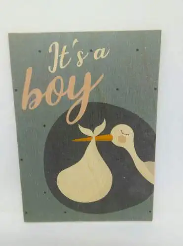 Holzpostkarte magnetisch "It's a boy" Storch Baby blau 14x10 Birkenholz 50286