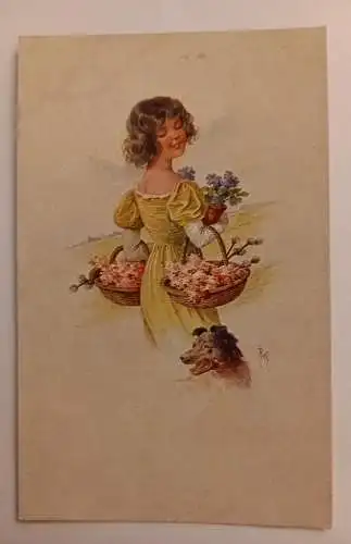 Korrespondenz Karte Frau mit Blumen und Hund 500059A gr D