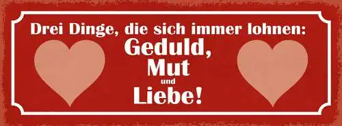 Schild 3 Dinge Die Sich Immer Lohnen Geduld Mut & Liebe 27x10 Blech od.Holz