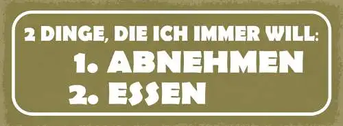Schild 2 Dinge Die Ich Immer Will 1.Abnehmen 2.Essen Gewicht 27x10 Blech od.Holz
