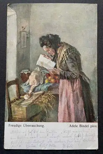 Malerei Freudige Überraschung A.Bindl Frau Gans Brief Kleid Tracht 400345 TH