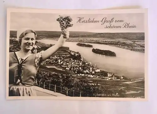 AK, Grußkarte, Rhein, Frau, Trauben, Rüdesheim (110227 Baw)