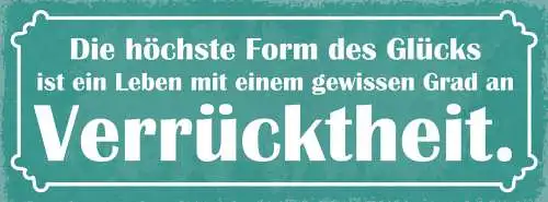 Schild Die Höchste Form Des Glücks Leben Mit Gewissen Grad Verrücktheit 27x10