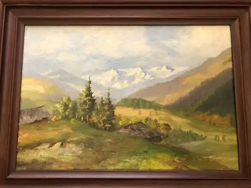 K. Rupprecht um 1935 Berglandschaft Alm Hütte auf Leinen gerahmt 48 x 36 42000