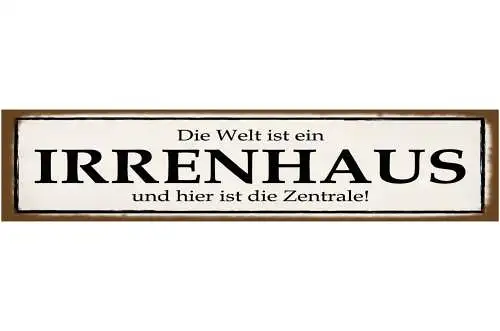 Schild Welt Irrenhaus Zentrale Verrückt Psychiatrie Irre 46 x 10 Blech od. Holz