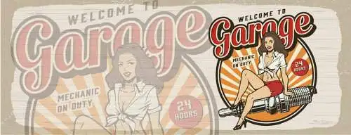 Schild Welcome To The Garage Mechanic On Duty Frau Auto 27x10 Blech od.Holz