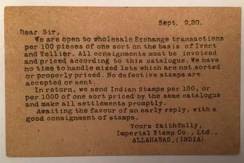 Indien India Ganzsache 1920 14551