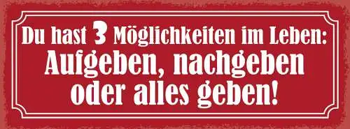 Schild Du Hast 3 Möglichkeiten Im Leben Aufgeben Nachgeben Alles Geben 27x10