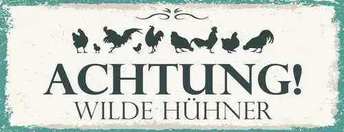 Schild Achtung Wilde Hühner Huhn Hendl Hahn Ei Vorsicht 27x10 Blech od.Holz