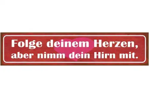 Schild Folge Deinem Herzen Aber Nimm Dein Hirn Mit Liebe 46 x 10 Blech od. Holz