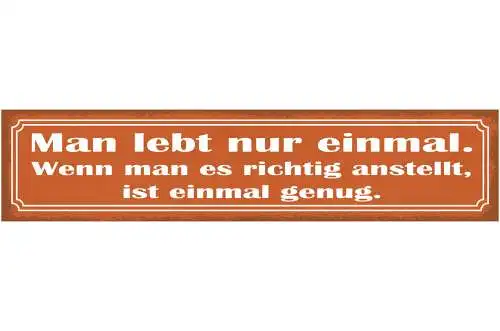 Schild Man Lebt Nur Einmal Wenn Man Es Richtig Anstellt Ist Einmal Genug 46 x 10