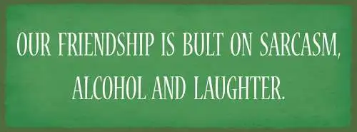 Schild our friendship is built on sarcasm alcohol & laughter 27x10 blech od.holz