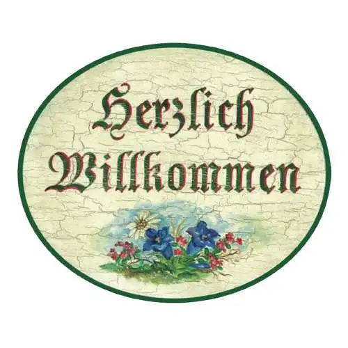 K&K Nostalgie Holzschild Herzlich Willkommen Alpenblume